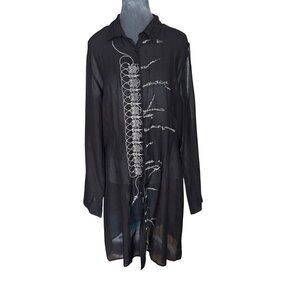 Johnny Was Pete & Greta  Black Sheer Tunic-Style Shirt With Embroidered Detailin